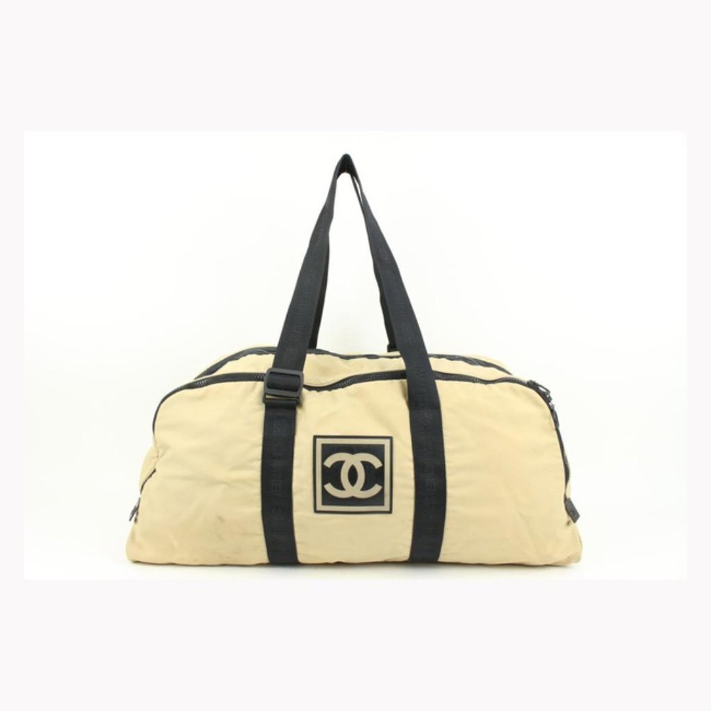 Chanel XL Beige CC Logo Sports Duffle Boston Gym Bag 27cz427s